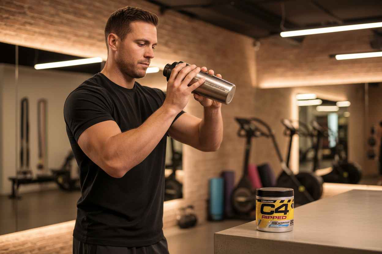 Muskulöser Mann trinkt aus einem Shaker neben einer Dose C4 Ripped im Fitnessstudio.