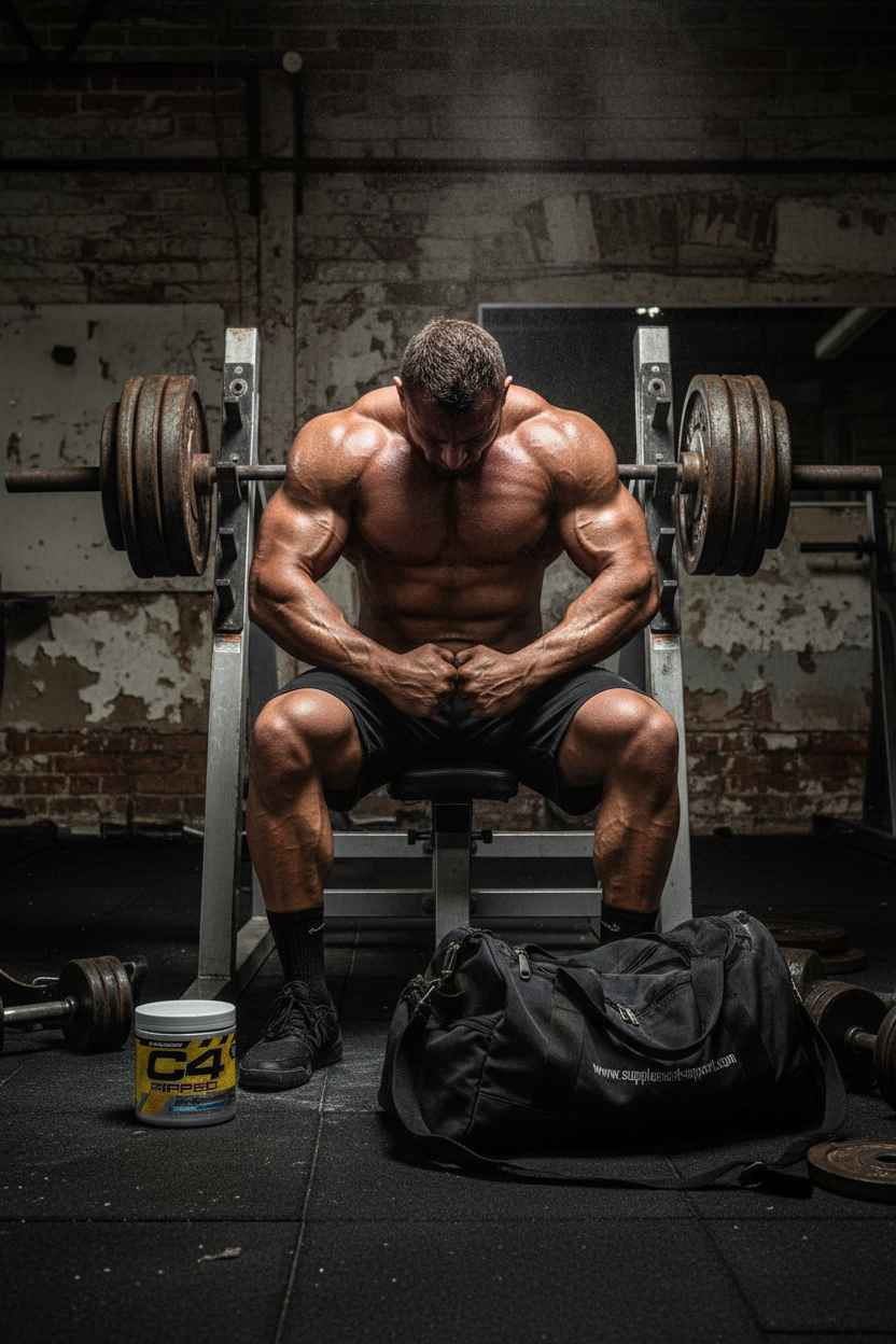 Muskulöser Bodybuilder beim Training im Fitnessstudio mit C4 Supplement und Sporttasche.