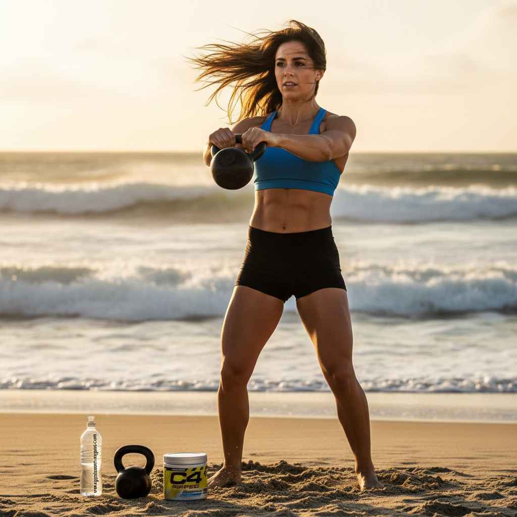 Sportliche Frau trainiert am Strand mit Kettlebell und C4 Supplement