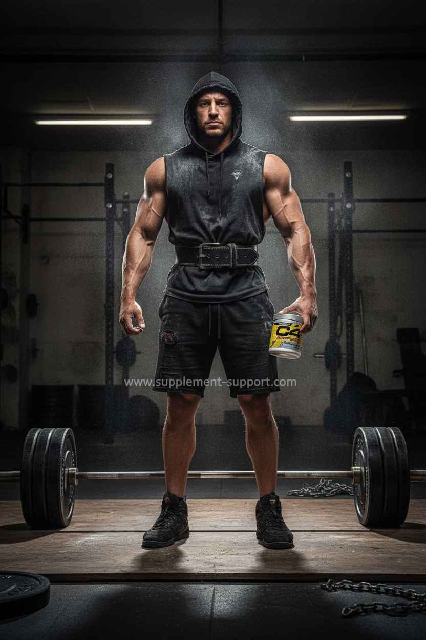 Muskulöser Mann im Fitnessstudio mit Sportnahrung und Hantelstange