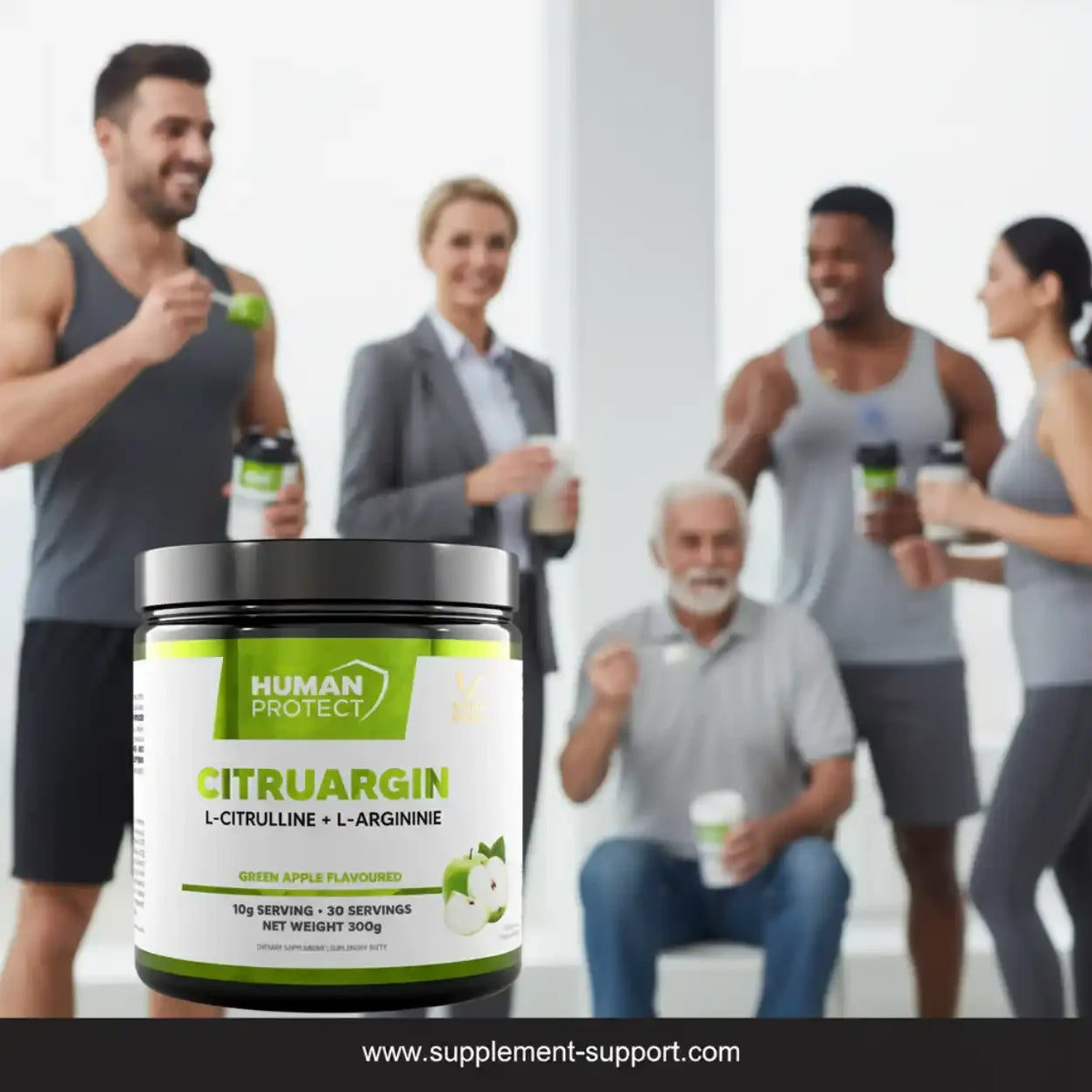 Human Protect Citruargin Supplement mit L-Citrullin und L-Arginin, grüner Apfel Geschmack.