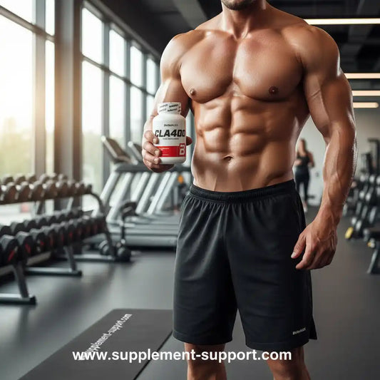 Muskulöser Mann im Fitnessstudio mit CLA400 Nahrungsergänzungsmittel, ideal für Sportler und Fitness-Enthusiasten