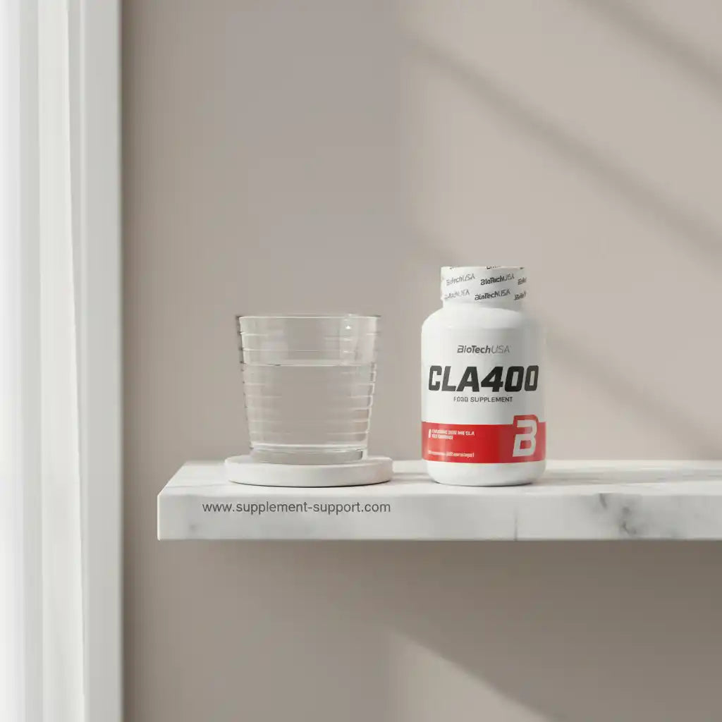 BioTech USA CLA400 Nahrungsergänzungsmittel Flasche neben Wasserglas auf Marmorregal