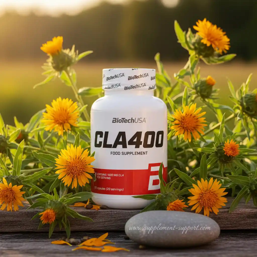 BioTechUSA CLA400 Nahrungsergänzungsmittel mit 1600 mg CLA, umgeben von gelben Blüten auf Holz
