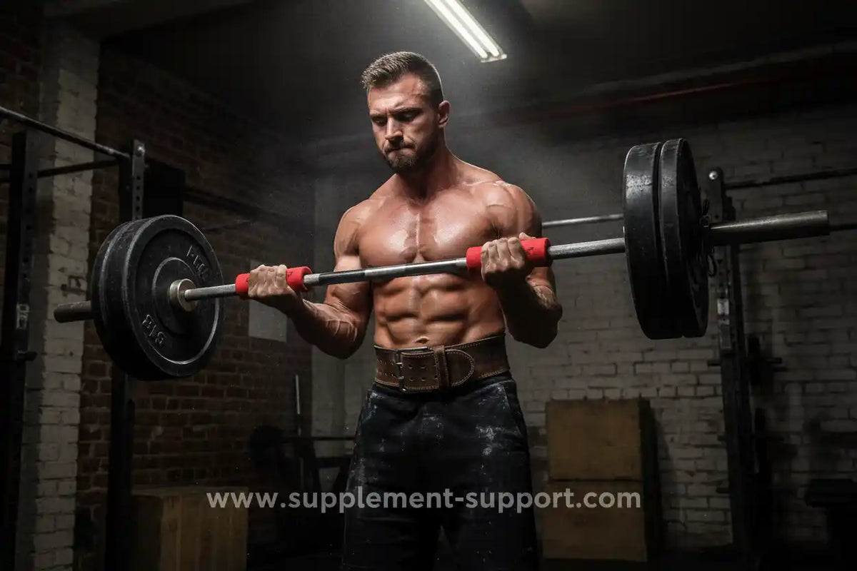 Muskulöser Mann trainiert mit einer Langhantel im Fitnessstudio