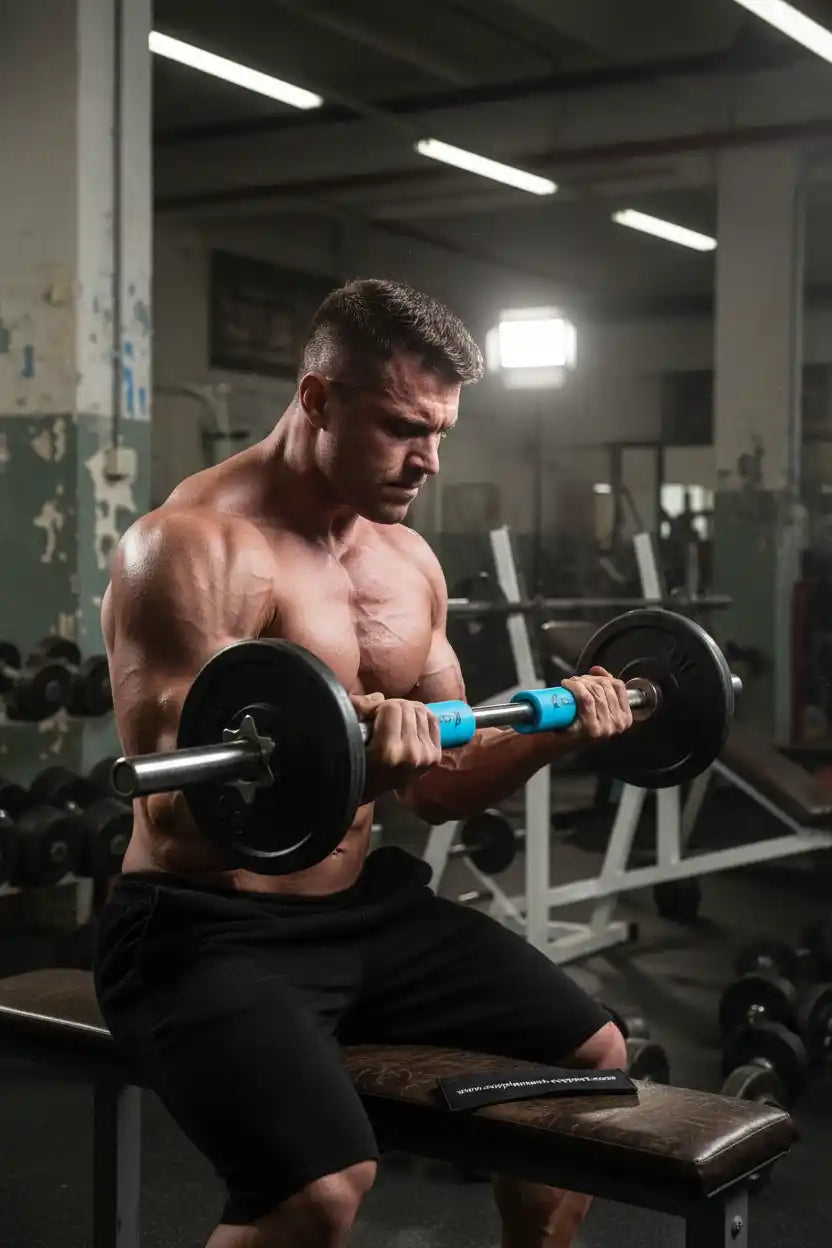 Muskulöser Mann beim Bizeps-Training mit einer Langhantel im Fitnessstudio