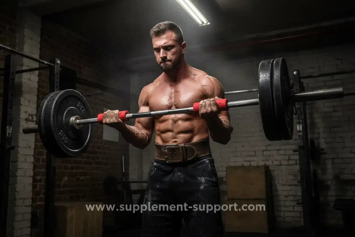 Muskulöser Mann trainiert mit einer Langhantel im Fitnessstudio