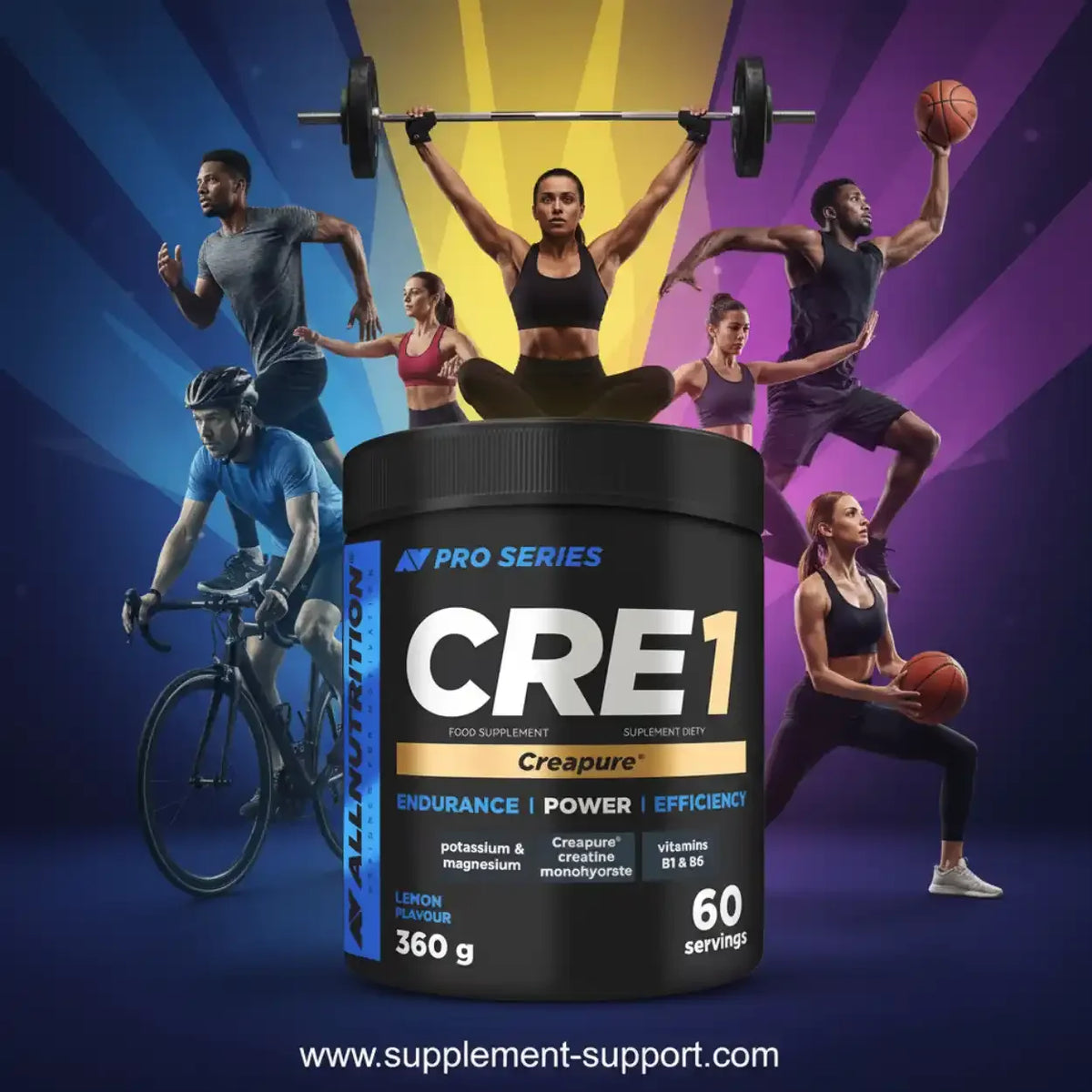 All Nutrition CRE1 Creapure Supplement für Ausdauer und Kraft mit Sportlern im Hintergrund.