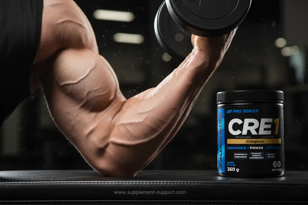 Muskulöser Arm mit Hantel neben CRE1 Kreatin-Dose für Kraft & Ausdauer – Sportnahrung für Fitness & Training