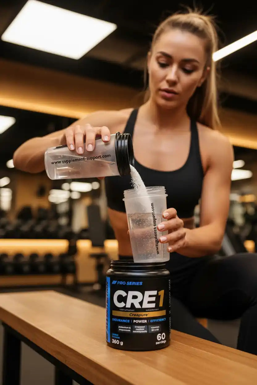 Frau mischt CRE1 Kreatin-Pulver in Shaker im Fitnessstudio für mehr Kraft und Ausdauer
