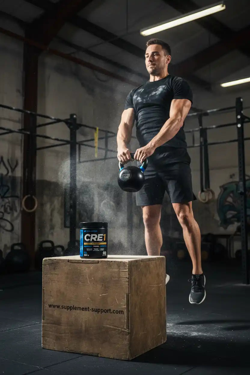 Muskulöser Athlet mit Kettlebell im Fitnessstudio, neben CRE1-Supplement auf Holzkiste