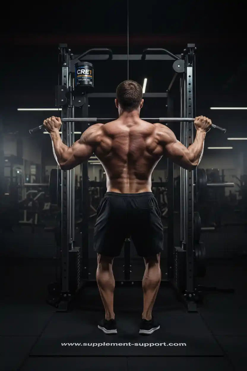 Muskulöser Mann beim Krafttraining mit Barbell im Fitnessstudio, CRE1 Supplement im Hintergrund