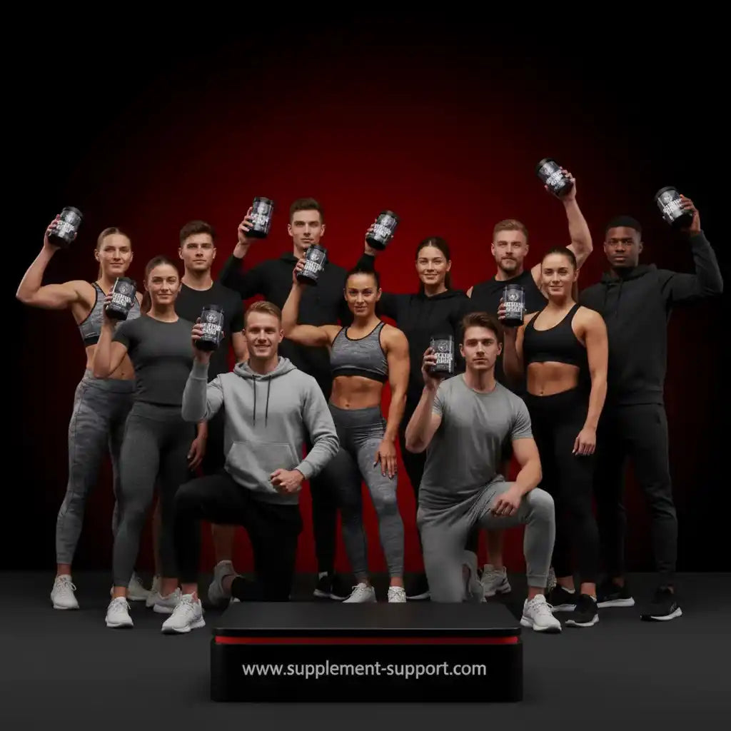 Gruppe von Sportlern in Fitnessbekleidung mit Protein-Shakern vor rotem Hintergrund