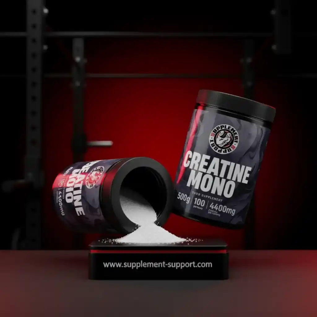 Zwei Dosen Creatine Mono Nahrungsergänzungsmittel mit weißem Pulver auf rotem Hintergrund.