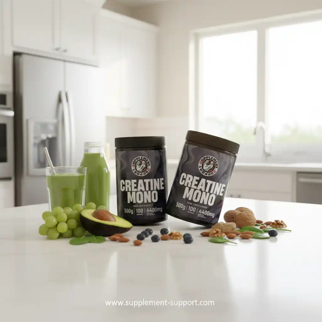 Zwei Dosen Creatine Mono Nahrungsergänzung mit grünen Smoothies, Weintrauben und Nüssen in einer Küche