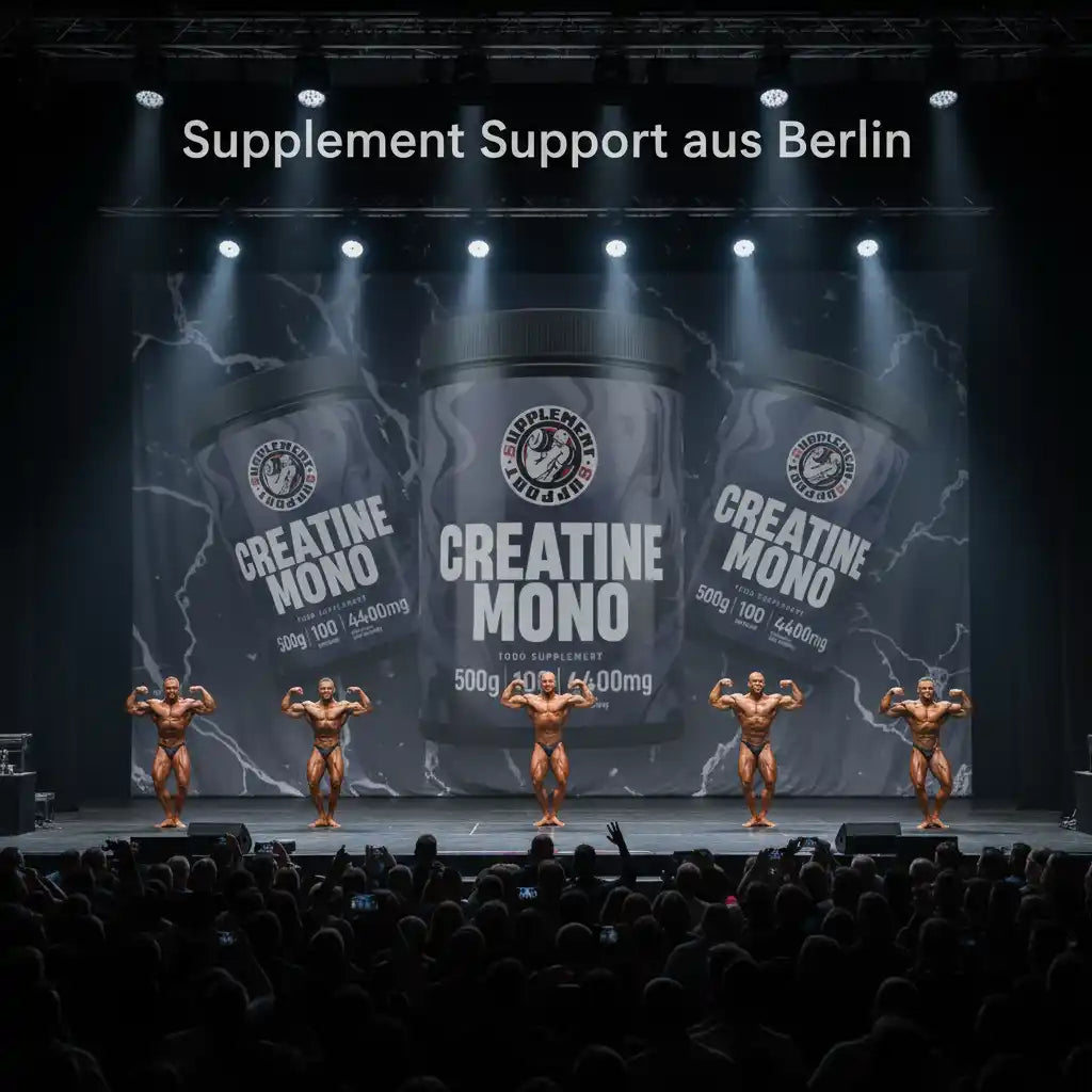 Bodybuilder auf Bühne vor großem Creatine Mono Supplement-Hintergrund in Berlin