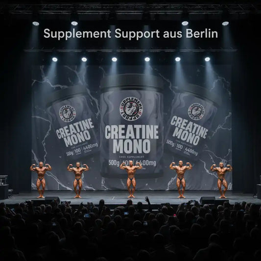 Bodybuilder auf Bühne vor großem Creatine Mono Supplement-Hintergrund in Berlin