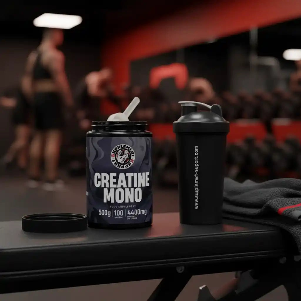 Dunkler Becher mit Creatine Mono Nahrungsergänzungsmittel und Shaker auf einer Fitnessbank.