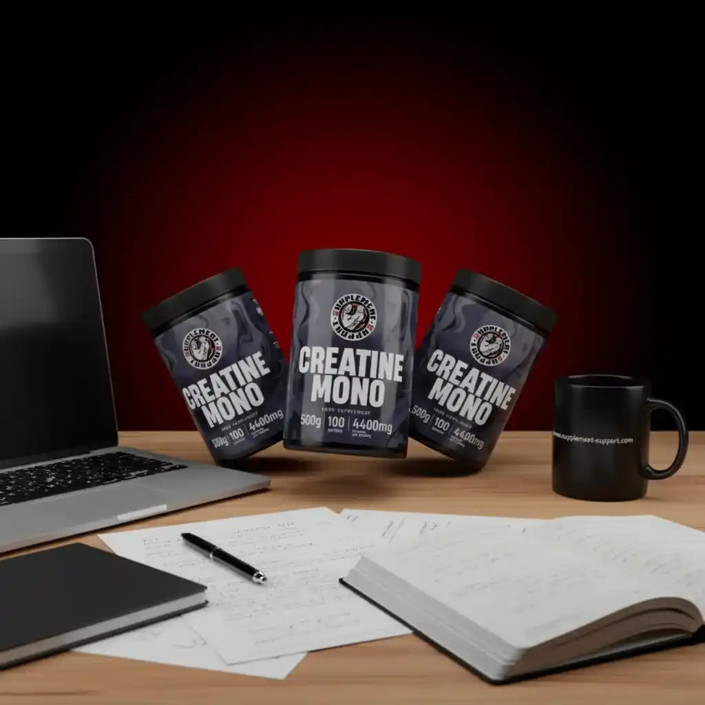 Drei Dosen Creatine Mono Sportnahrung auf einem Schreibtisch neben Laptop und Notizbuch.