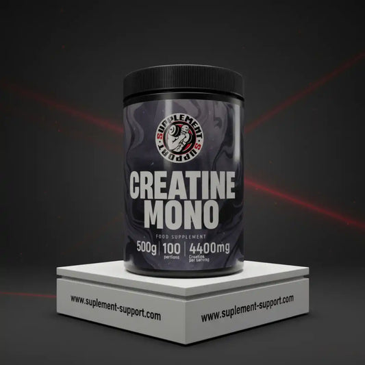 Kreatin Monohydrat Dose für Sportnahrung, 500g, schwarzes Design, auf Podest