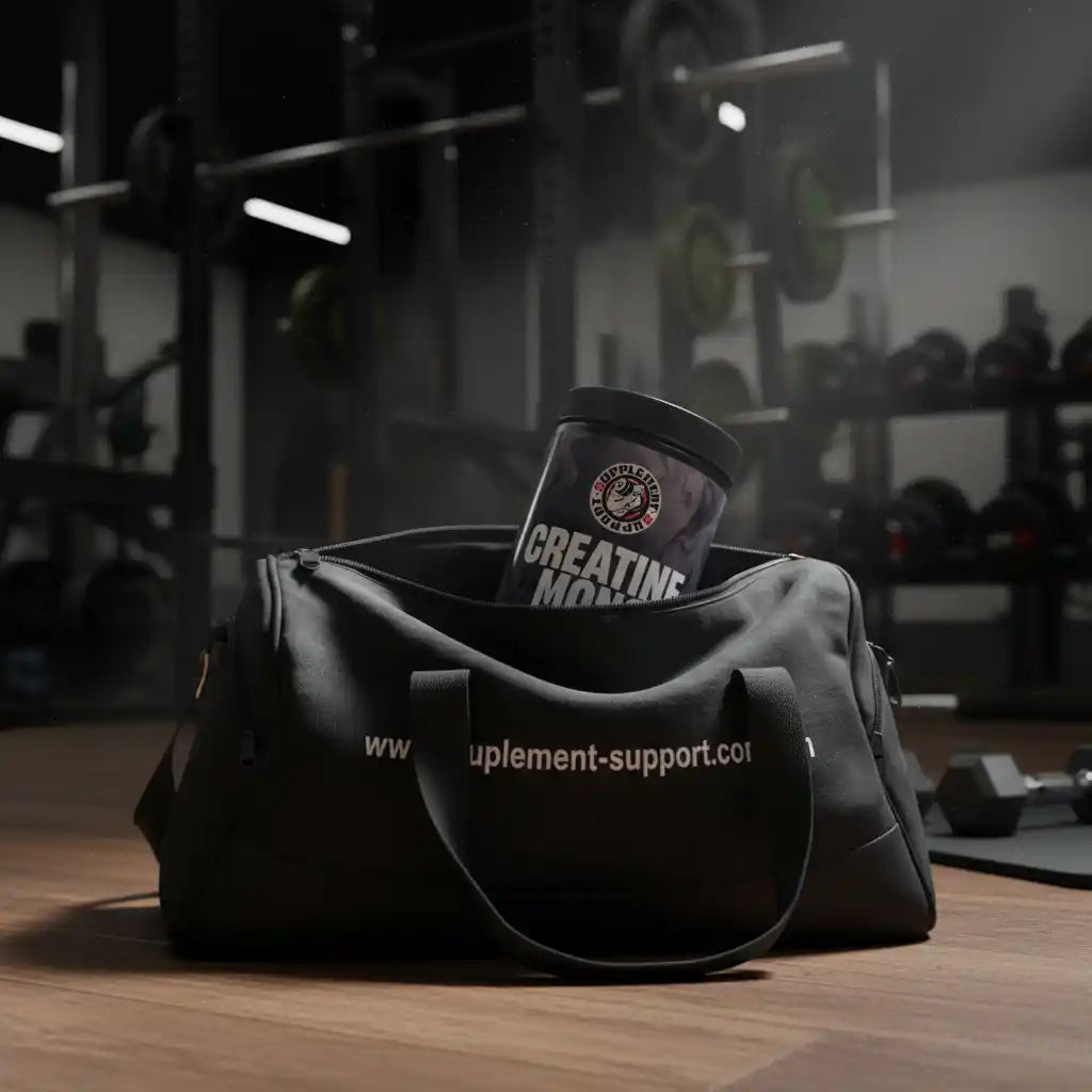 Schwarze Sporttasche mit Creatin-Supplement in einem Fitnessstudio