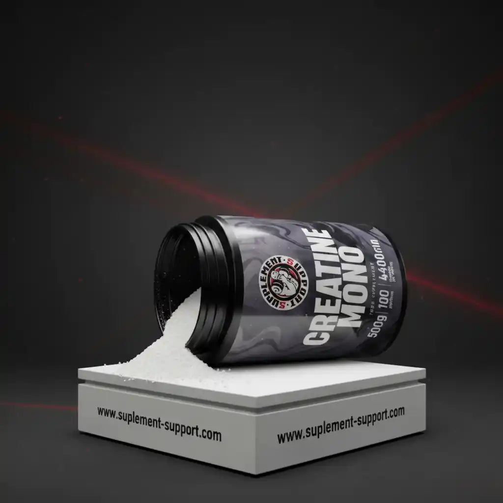Creatine Mono Nahrungsergänzung in einer schwarzen Dose auf einem weißen Podest.