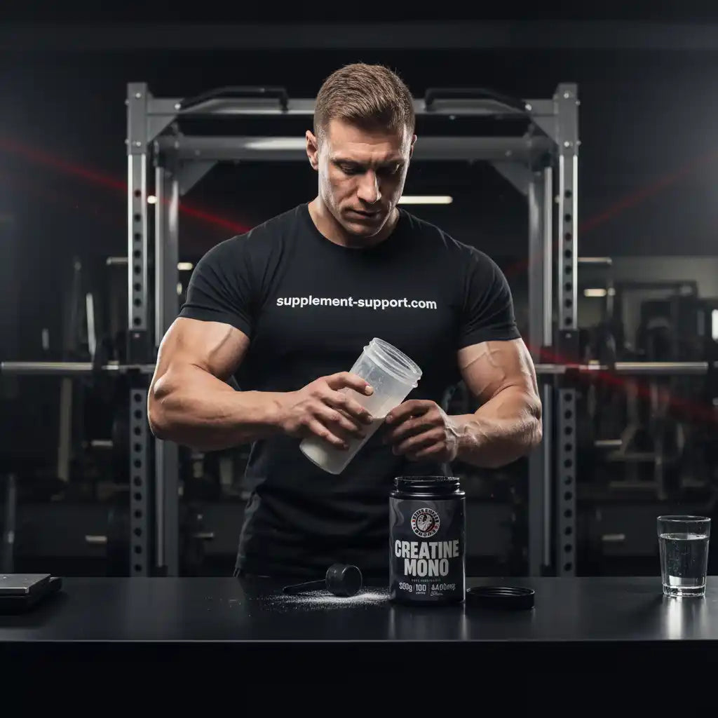Muskulöser Mann bereitet Creatine Mono Supplement in einem Shaker im Fitnessstudio zu.
