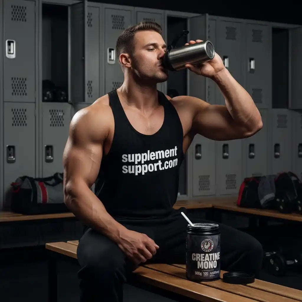 Muskulöser Mann in schwarzem Tanktop trinkt aus einem Shaker in einer Umkleidekabine.