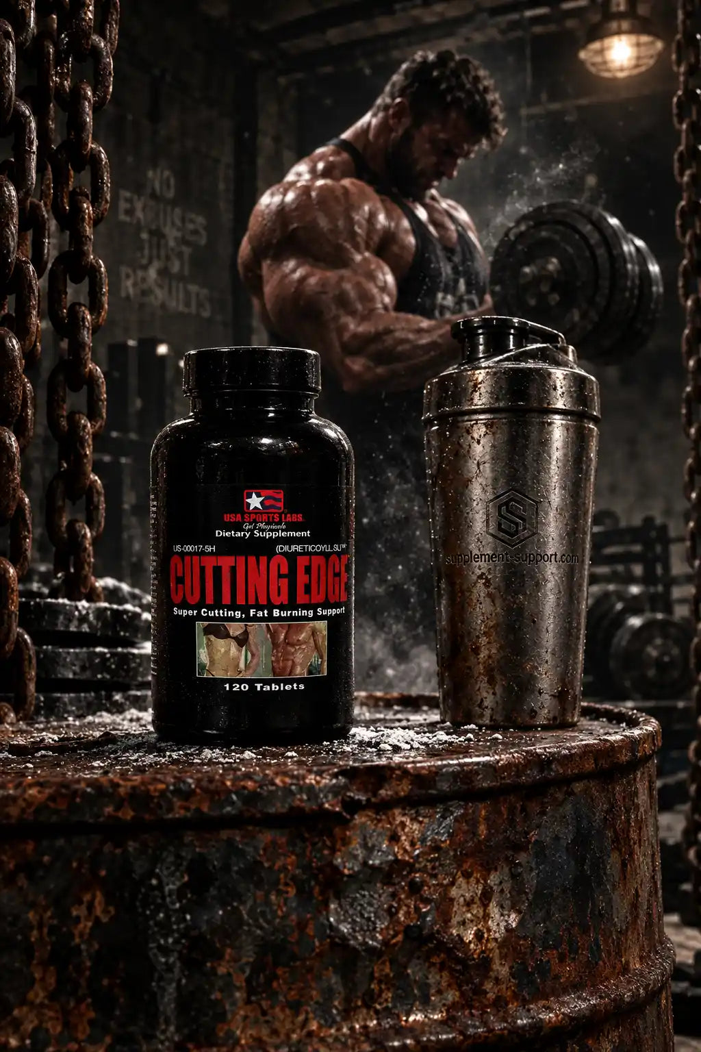 USA Laboratories Cutting Edge Fat Burner Tabletten mit Shaker im Fitnessstudio