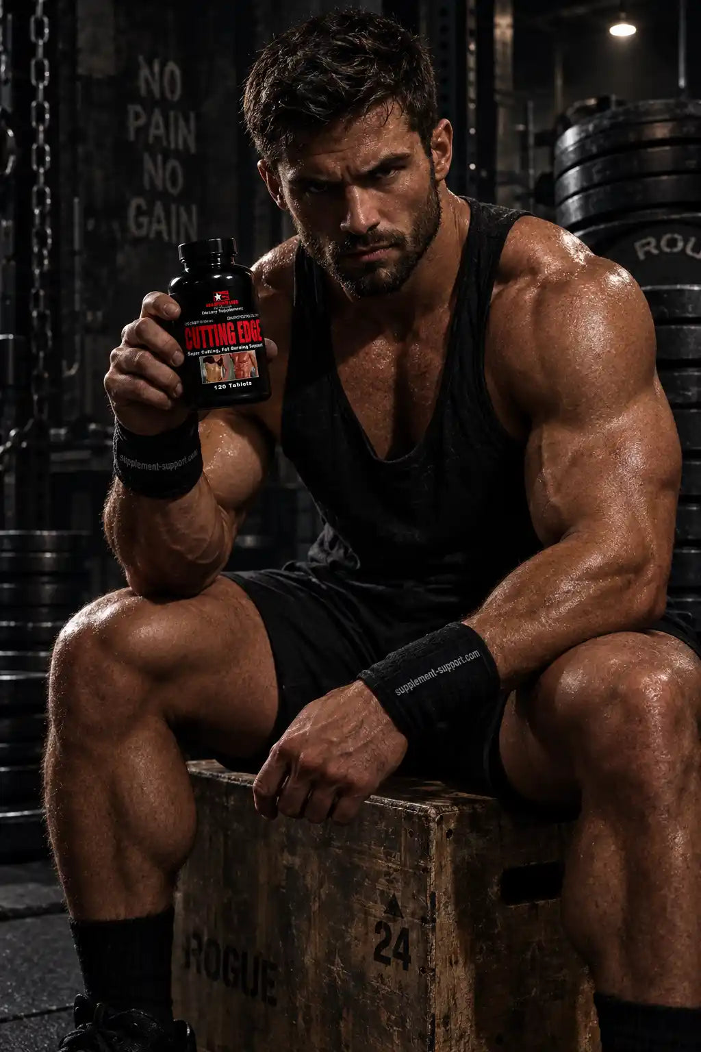 Muskulöser Mann im Fitnessstudio hält Cutting Edge Fatburner von USA Laboratories.
