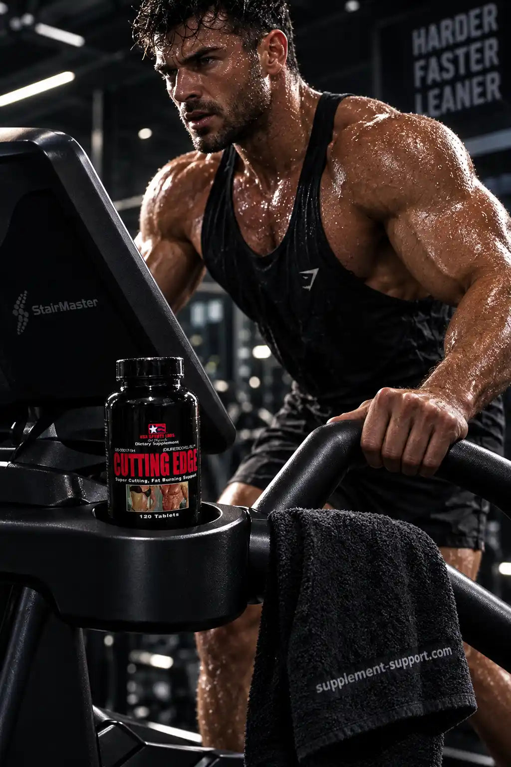USA Laboratories Cutting Edge Fat Burner Dose vor einem muskulösen Mann im Fitnessstudio