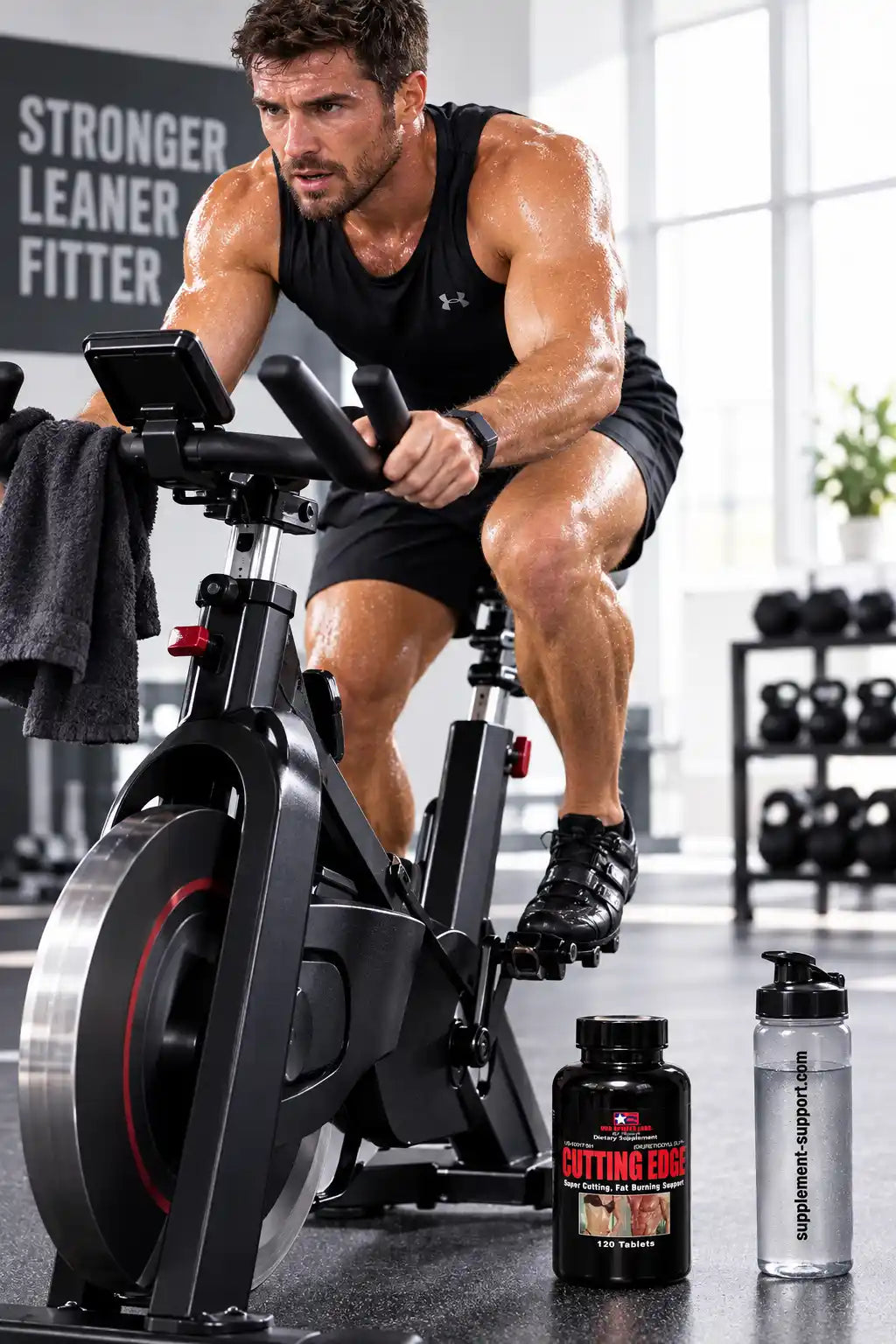 Muskulöser Mann auf einem Heimtrainer neben USA Laboratories Cutting Edge Tabletten.