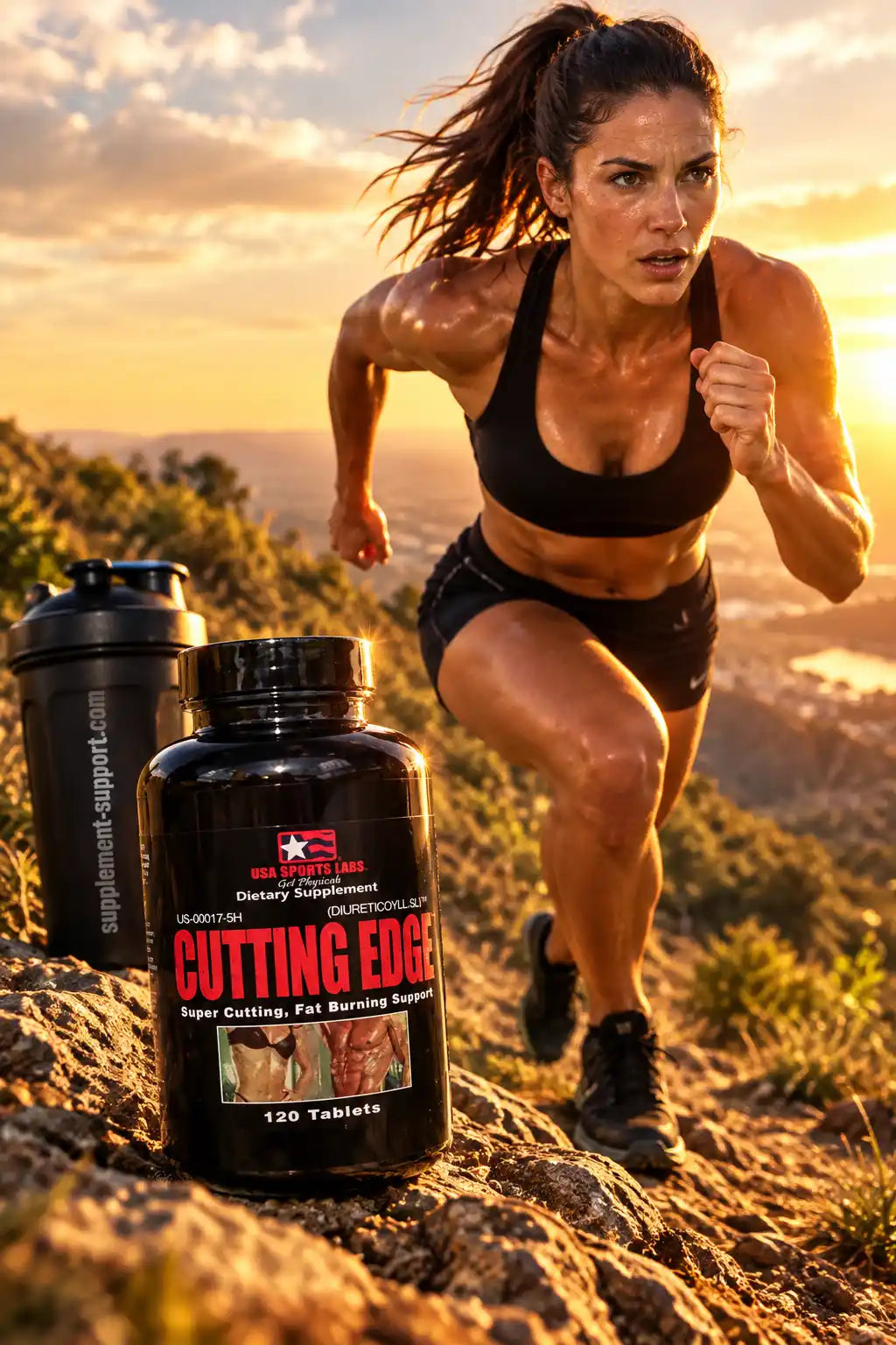 USA Laboratories Cutting Edge Fatburner neben einer joggenden Frau im Sonnenuntergang.