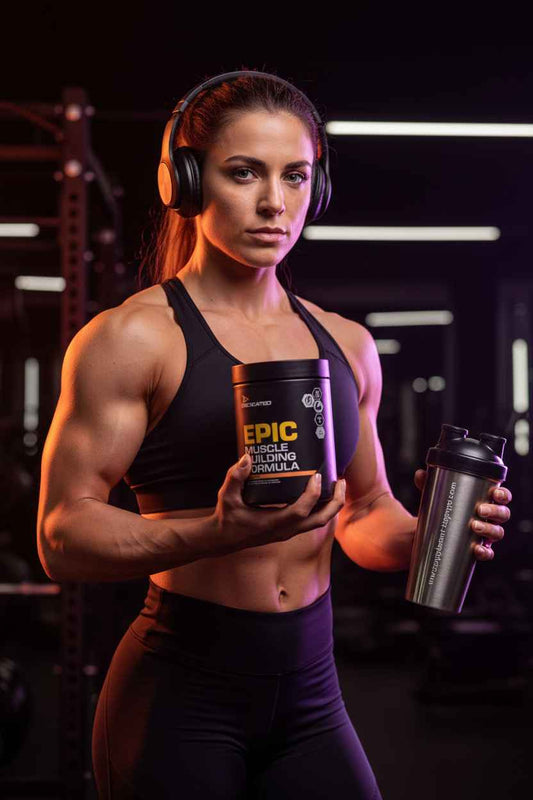 Muskulöse Frau im Fitnessstudio mit EPIC Muscle Building Formula und einem Shaker.