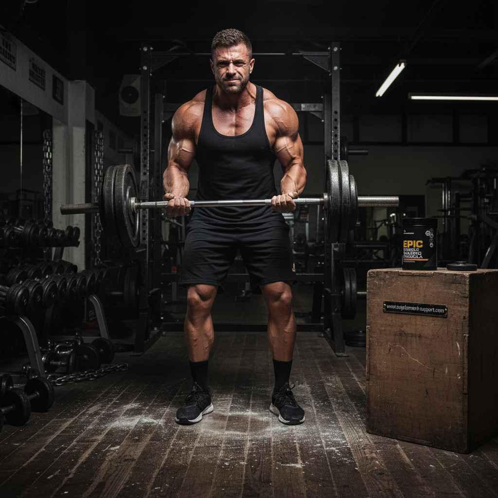Muskulöser Mann trainiert mit Langhantel in einem Fitnessstudio