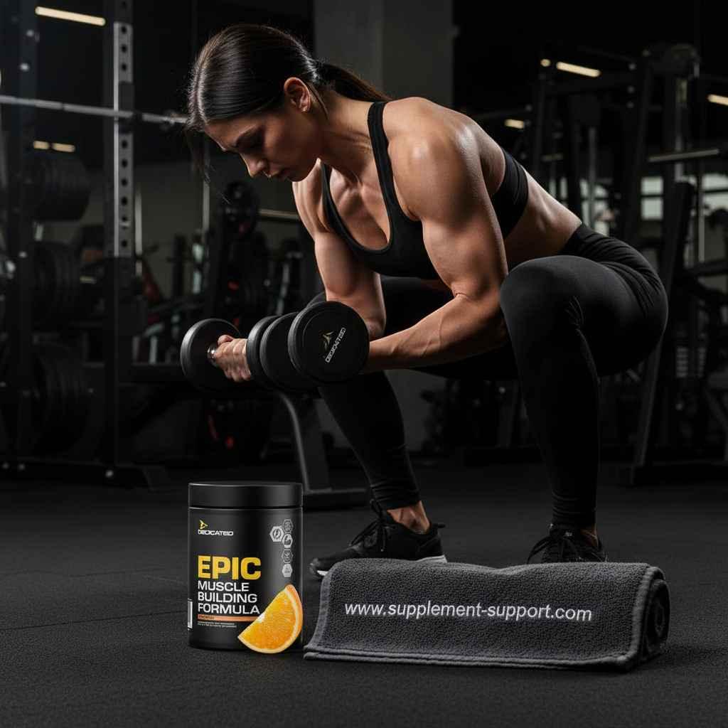 Muskulöse Frau trainiert mit Kurzhanteln neben einer Dose EPIC Muscle Building Formula.