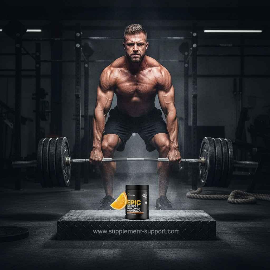 Muskulöser Mann beim Kreuzheben mit EPIC Muscle Builder Supplement im Vordergrund