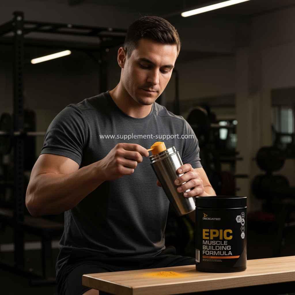 Muskulöser Mann bereitet Epic Muscle Building Formula in einem Shaker im Fitnessstudio zu.