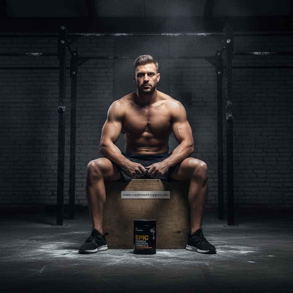 Muskulöser Mann sitzt im Fitnessstudio neben einer Dose EPIC Sportnahrung.