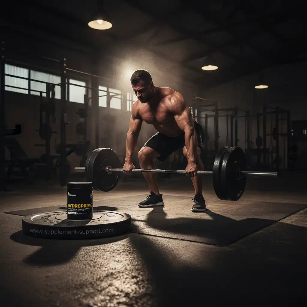 Muskulöser Mann beim Kreuzheben im Fitnessstudio mit Hydroprime Supplement-Behälter im Vordergrund