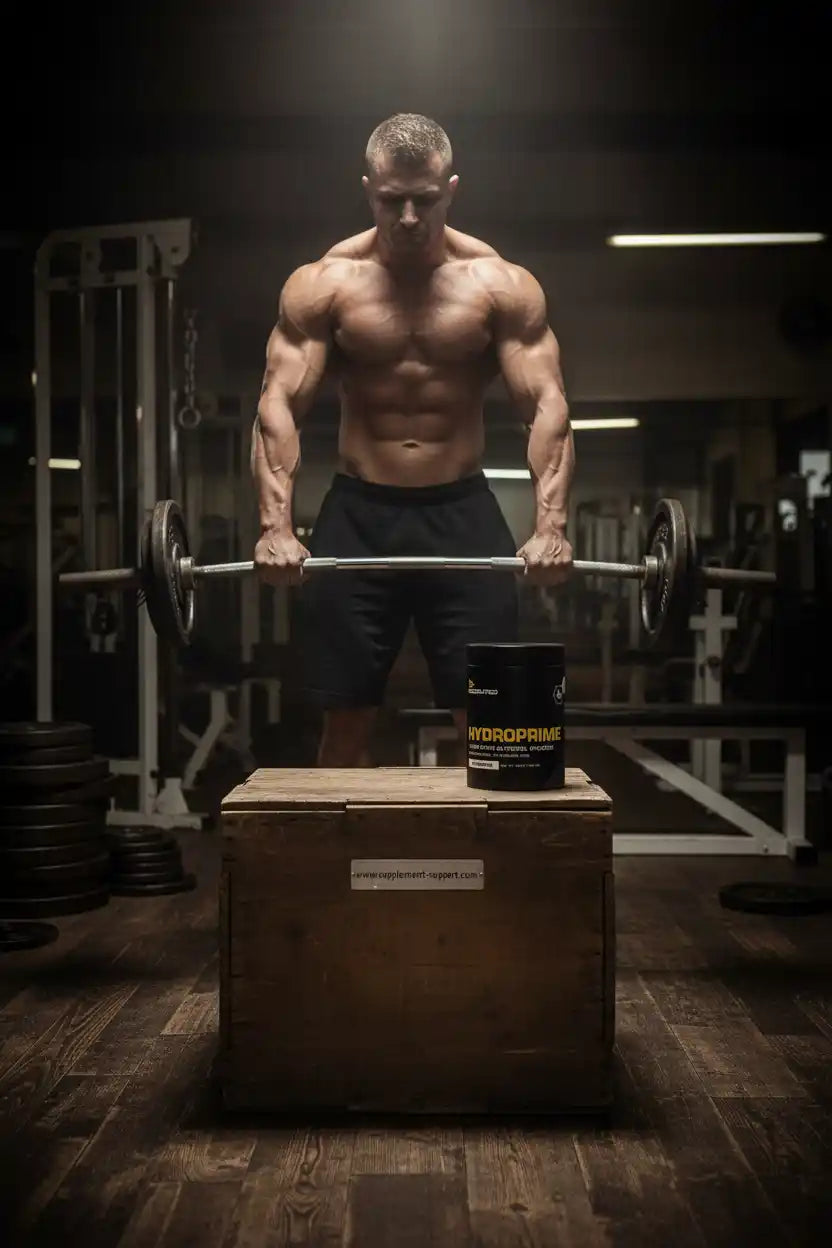 Muskulöser Mann trainiert mit Langhantel neben einem Dose Hydroprime Supplement im Gym.