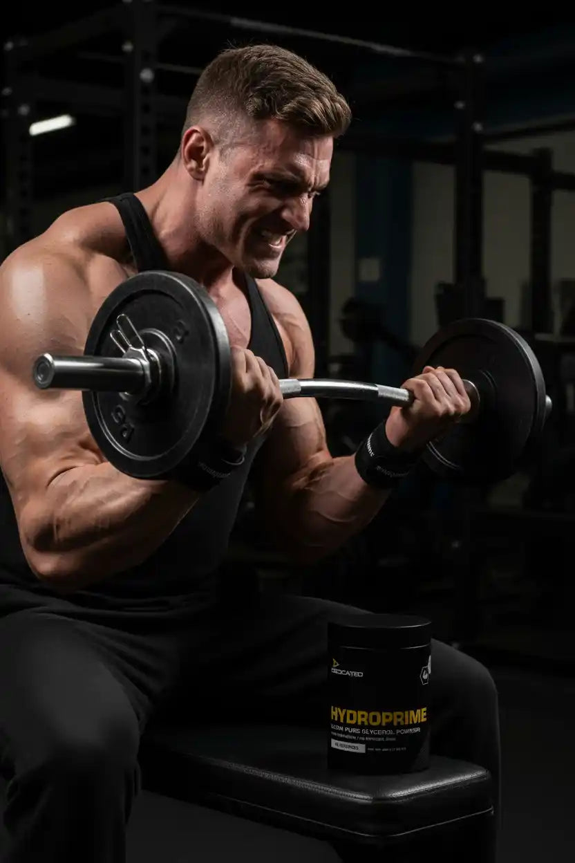 Muskulöser Mann trainiert mit Kurzhanteln neben einer Dose Hydroprime Sportnahrung