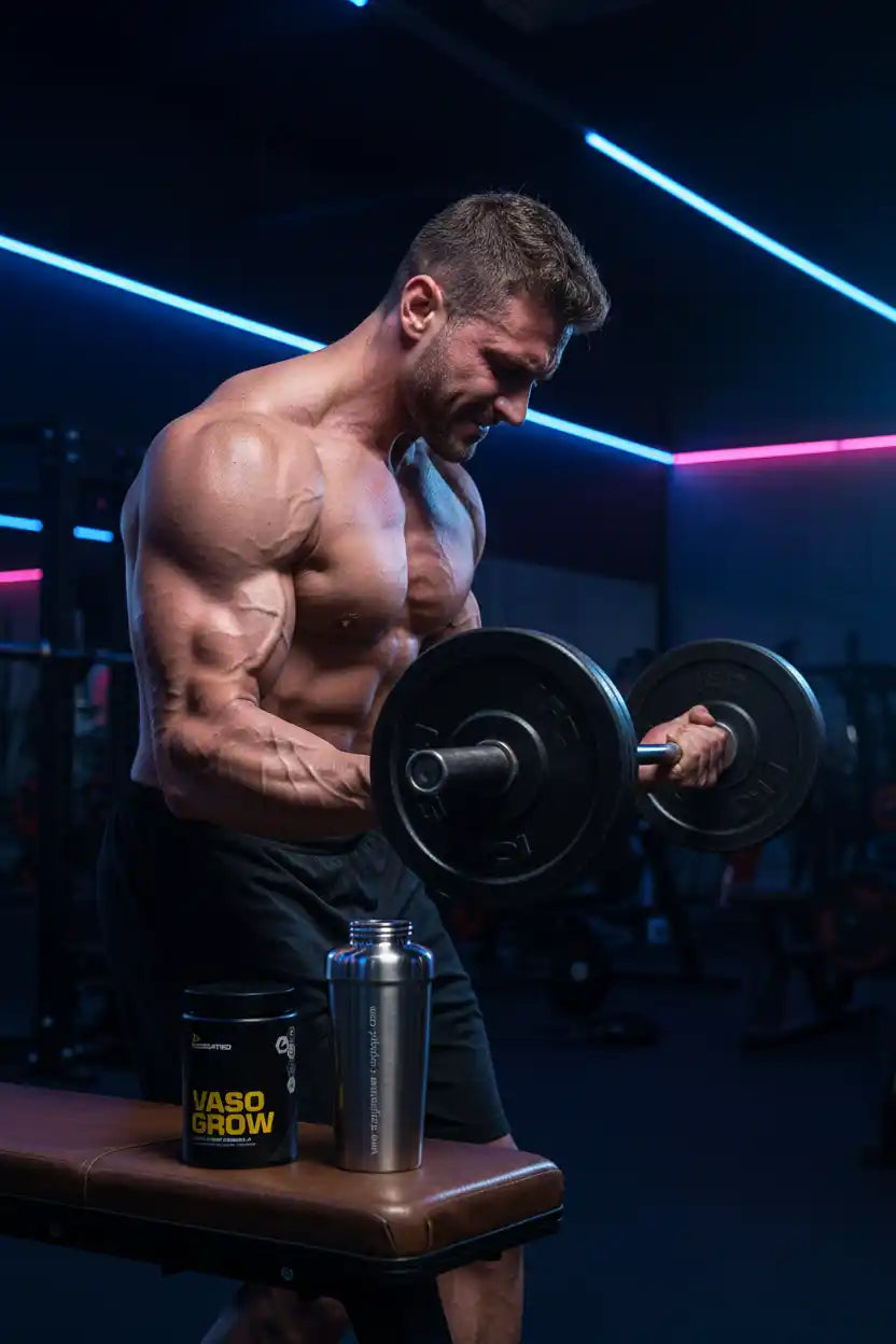 Muskulöser Mann trainiert mit Hantel neben VASO GROW Supplement und Shaker im Fitnessstudio
