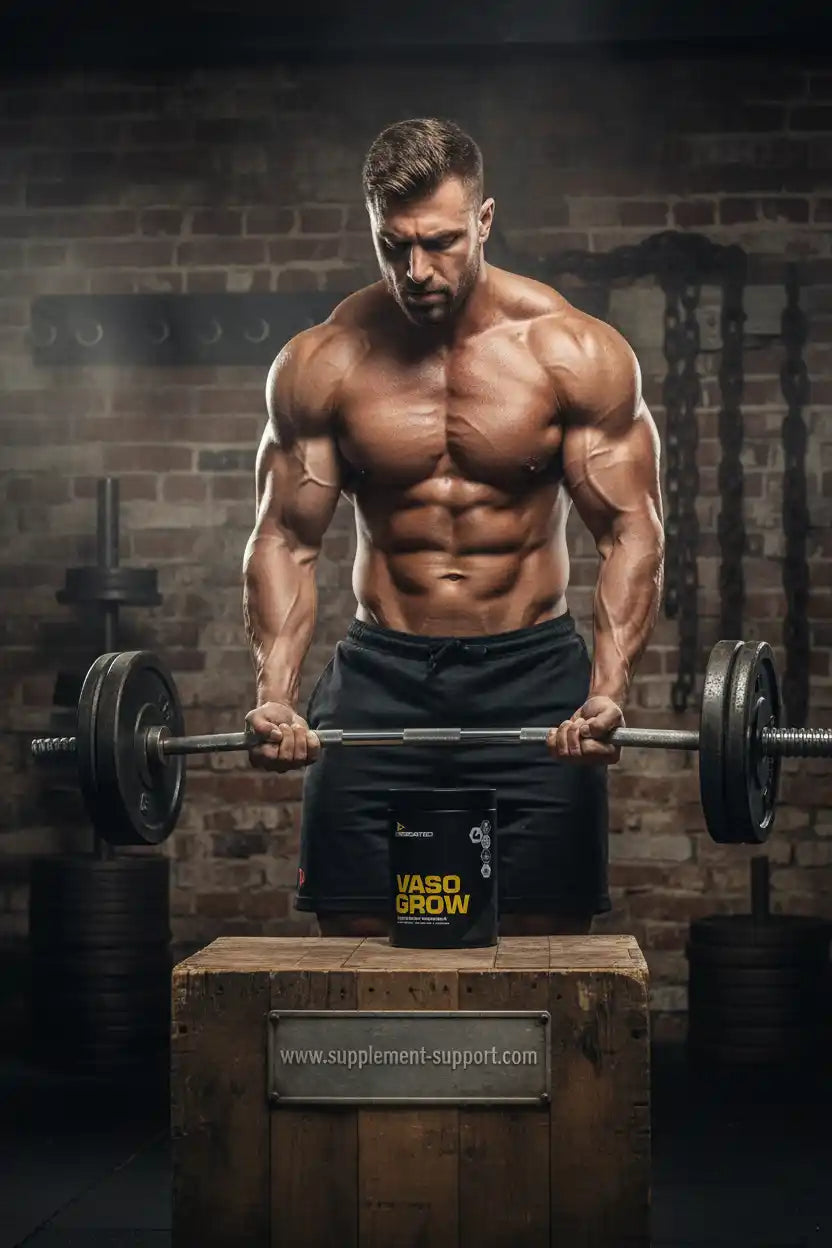 Muskulöser Mann trainiert mit Hantel im Gym neben einer Dose VASO GROW Supplement
