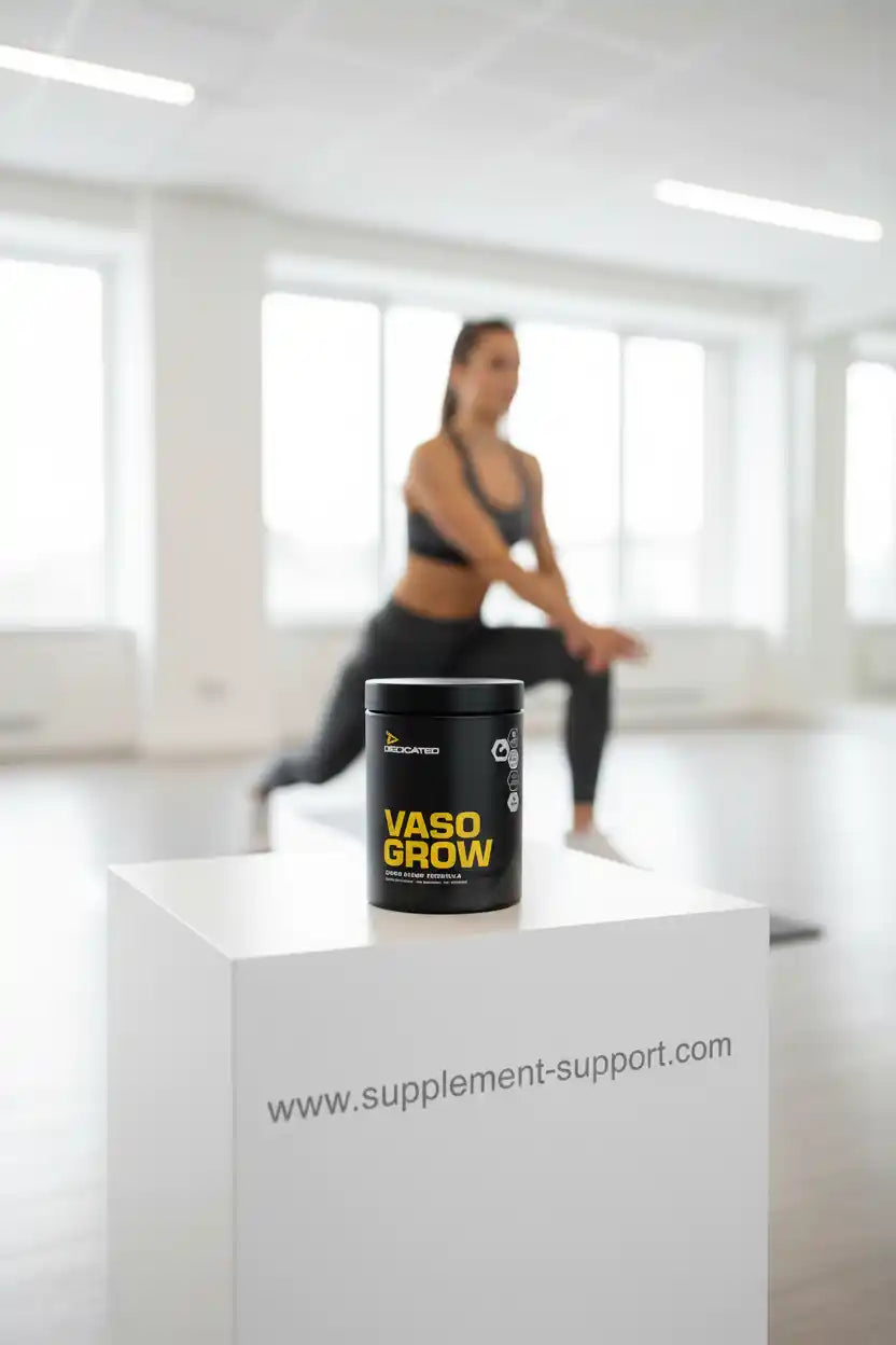 Vaso Grow Supplement-Dose auf weißem Podest vor einer sportlichen Frau im Fitnessstudio