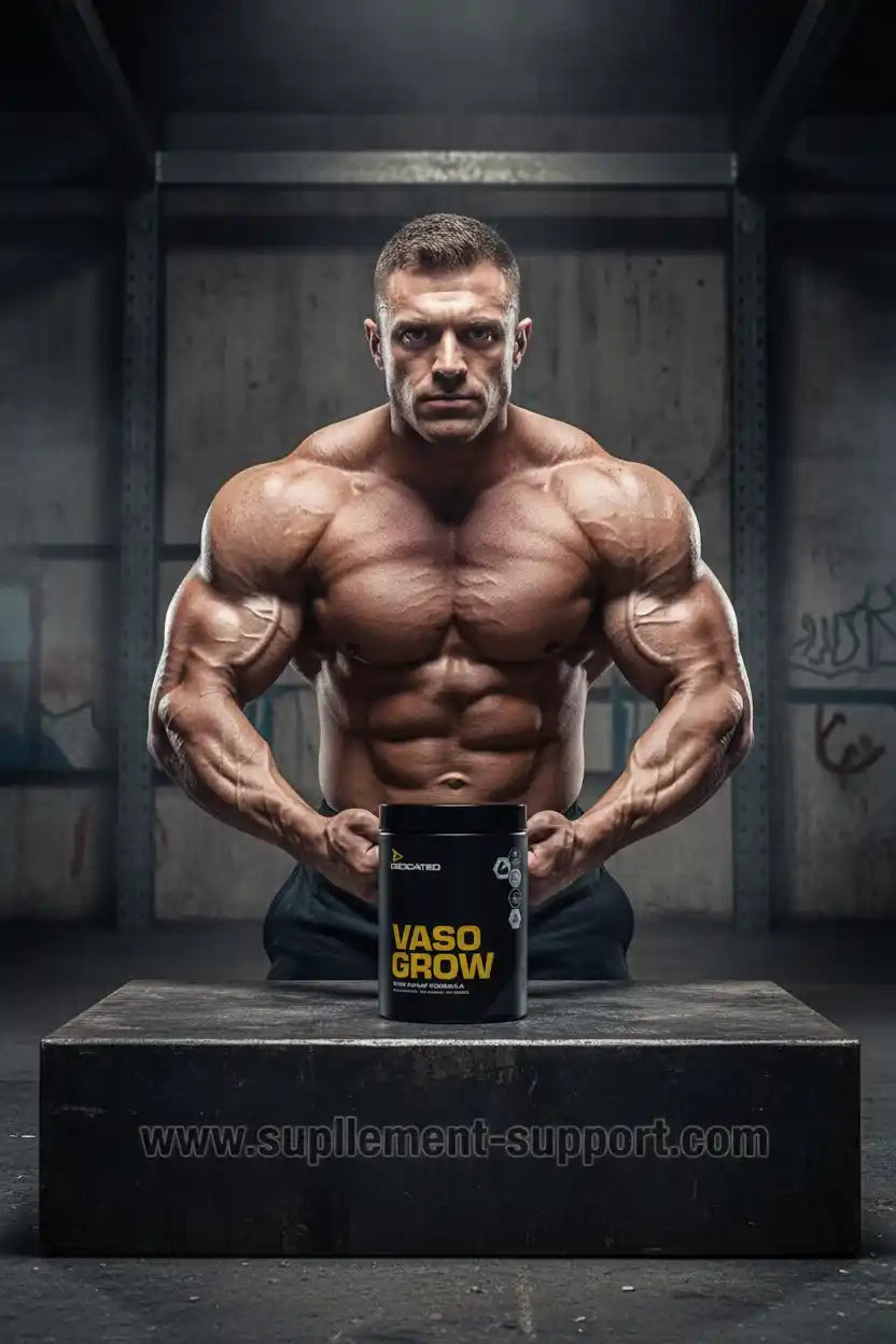 Muskulöser Bodybuilder präsentiert Vaso Grow Supplement in einem Fitnessstudio.