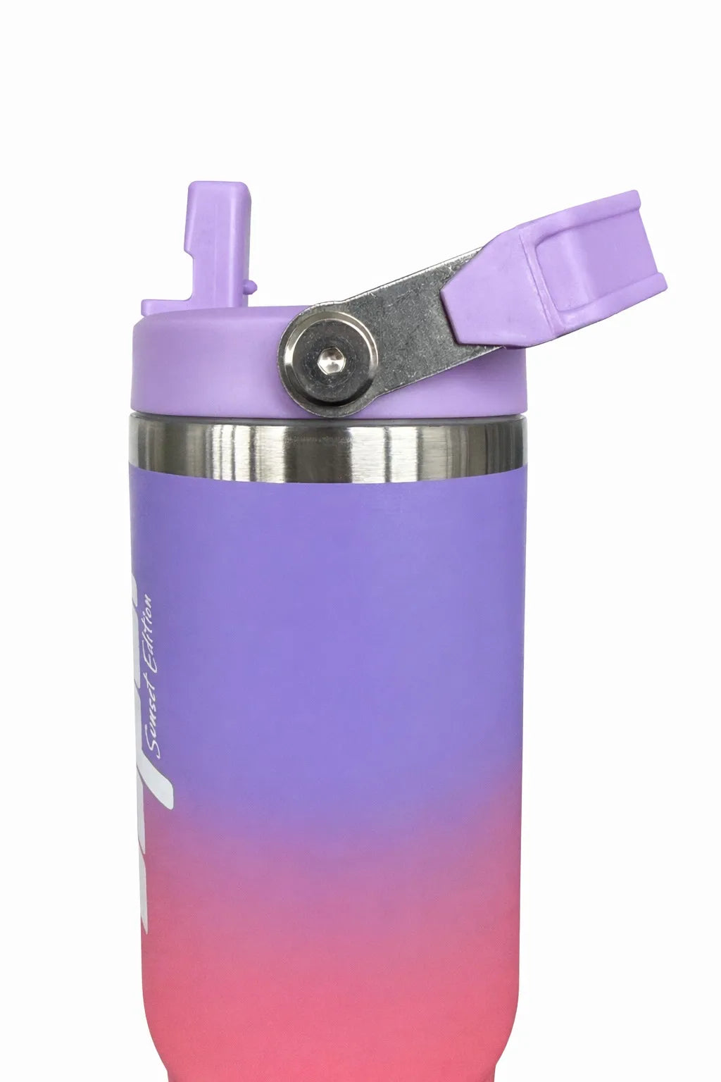 Lila-rosa Trinkflasche mit Sunset Edition Aufschrift, ideal für Sport und Fitness