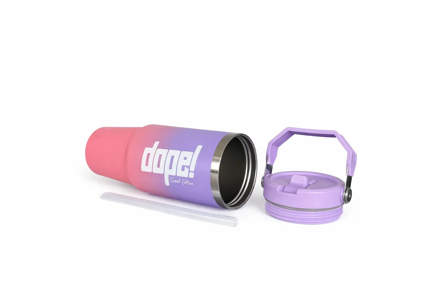 Dope! Sunset Edition Trinkflasche mit Strohhalm und lila Deckel für Sport und Fitness
