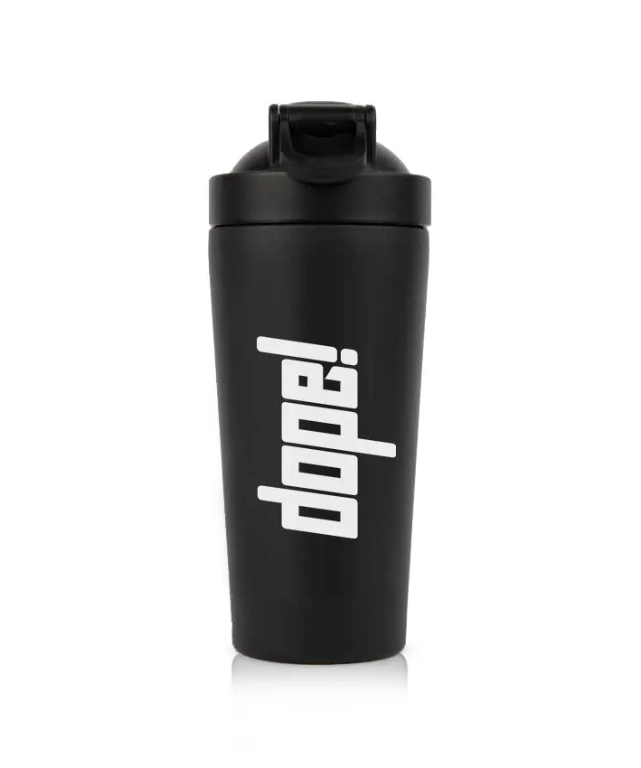 Schwarzer Shaker mit 'dope!' Aufschrift für Sportnahrung und Fitness