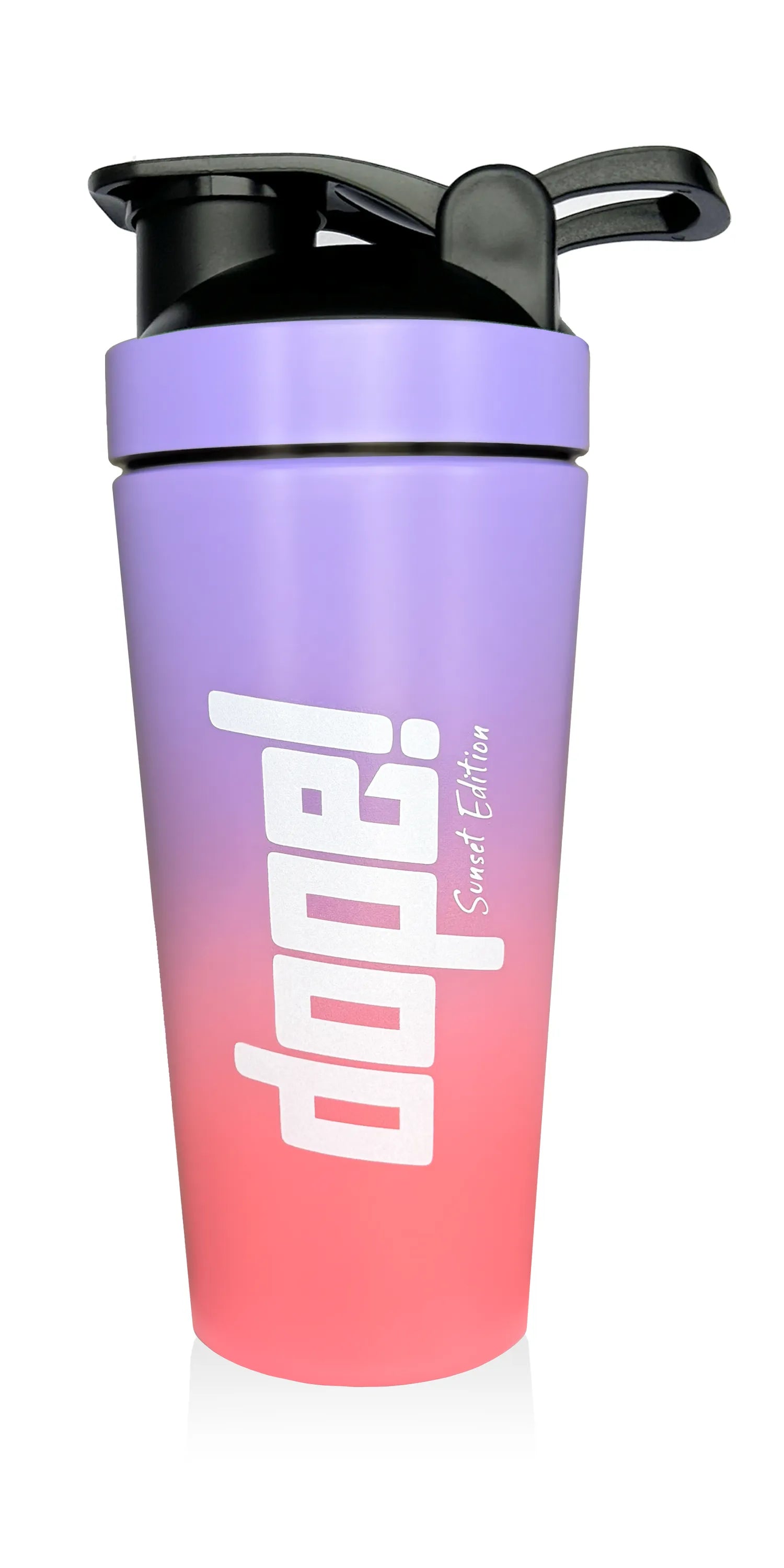 Lila-rosa Shaker mit 'dope!' Aufschrift für Sportnahrung und Fitness